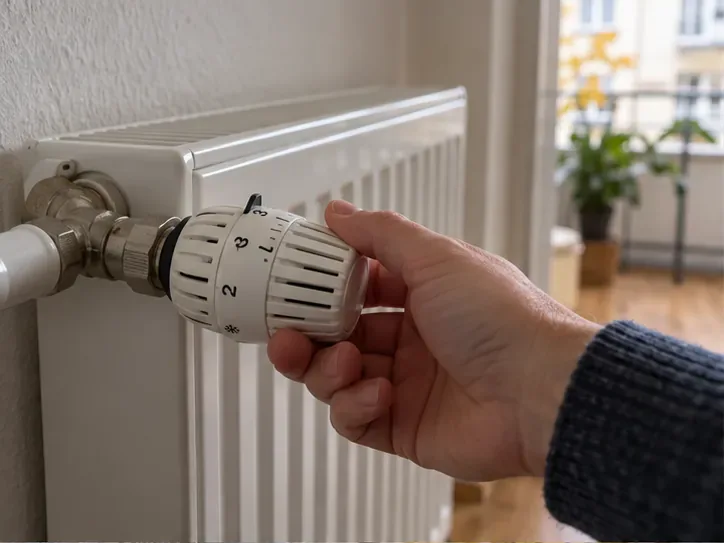 Eine Hand dreht das Thermostatventil an einem Heizkörper in einer Wohnung