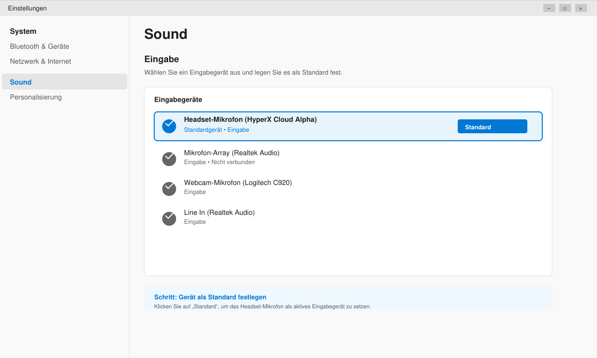Auswahl des Headset-Mikrofons in den Windows 11 Sound-Eingabeeinstellungen