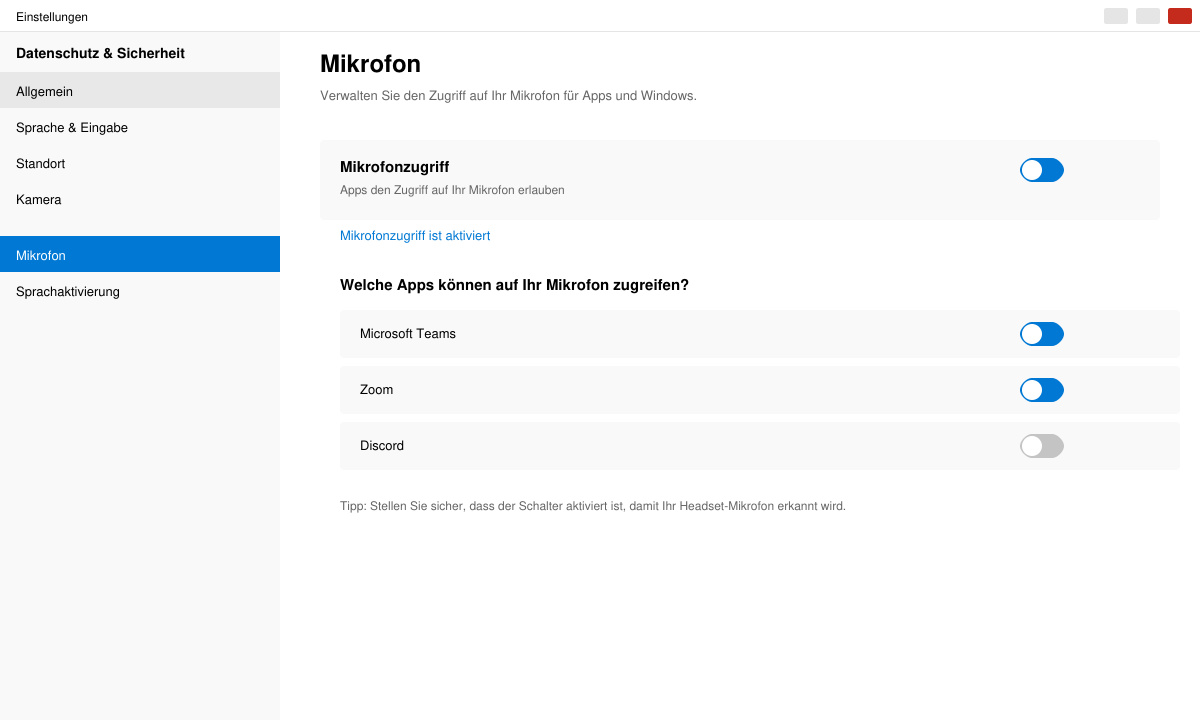 Aktivierte Mikrofonberechtigungen in Windows 11 Datenschutzeinstellungen