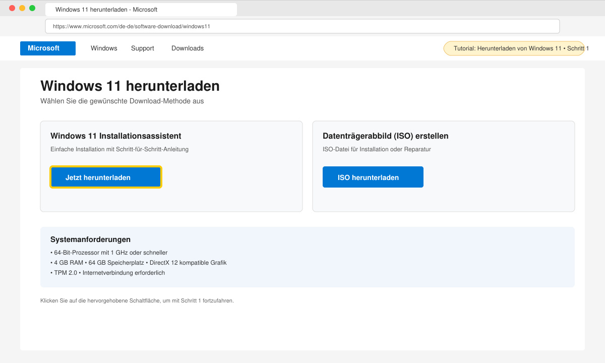 Screenshot der Microsoft Download-Seite mit hervorgehobener Schaltfläche für Windows 11