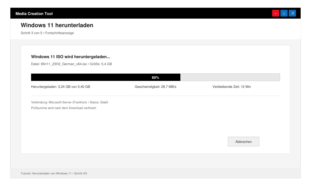 Fortschrittsanzeige des Media Creation Tools während des Windows 11 Downloads