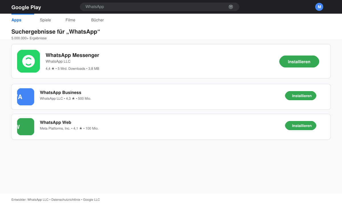 Suchergebnis für WhatsApp im Google Play Store