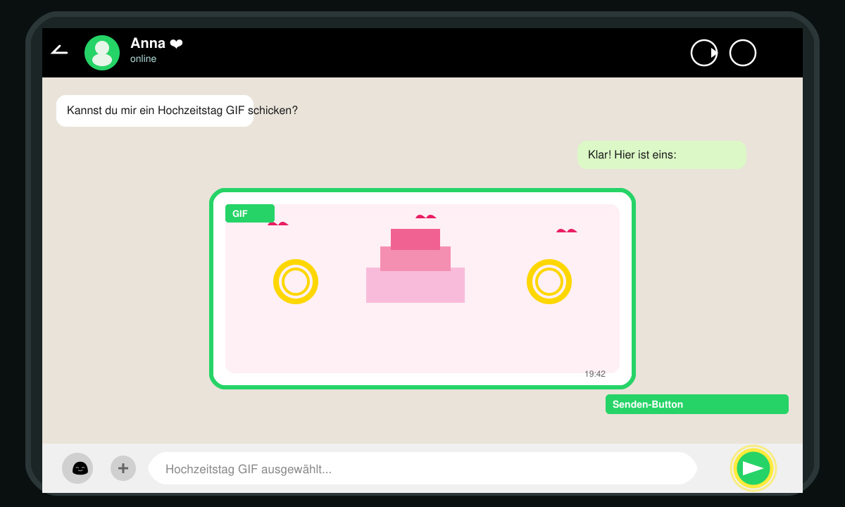 Ausgewähltes Hochzeitstag GIF wird in WhatsApp Chat gesendet