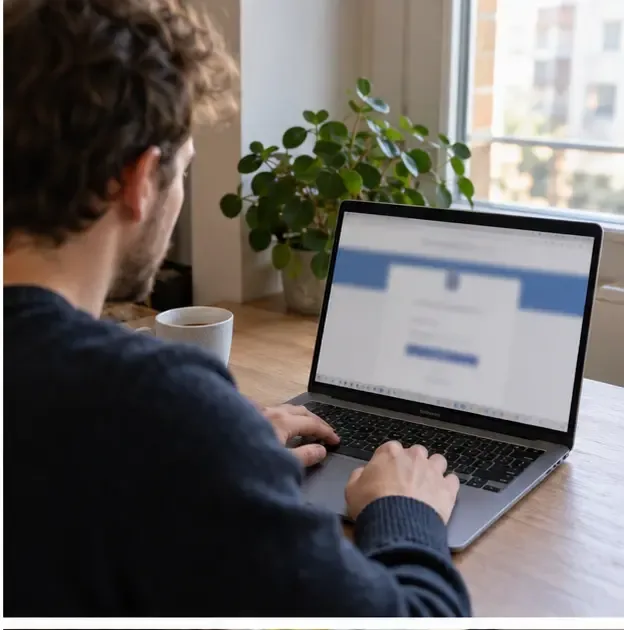Huurder gebruikt een laptop met een onscherp algemeen online portaal in een Nederlandse woning