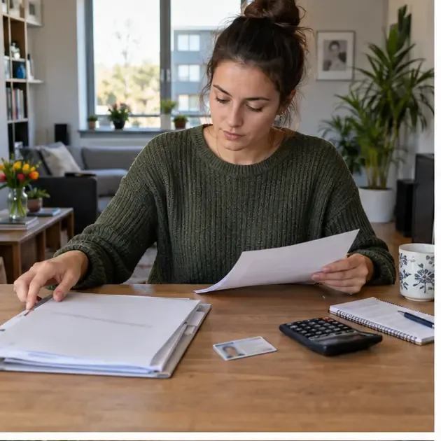 Huurder aan een tafel met een huurcontract, identiteitsdocument, rekenmachine en notitieboek