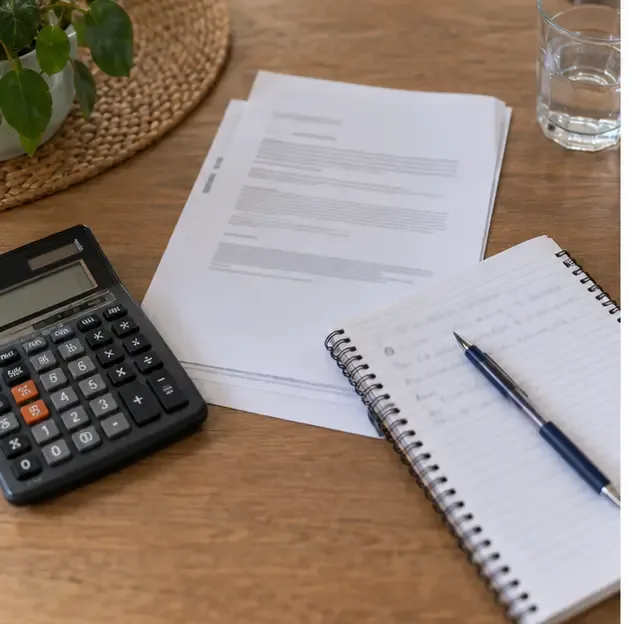 Huurcontract, rekenmachine en notities liggen naast elkaar op een houten tafel