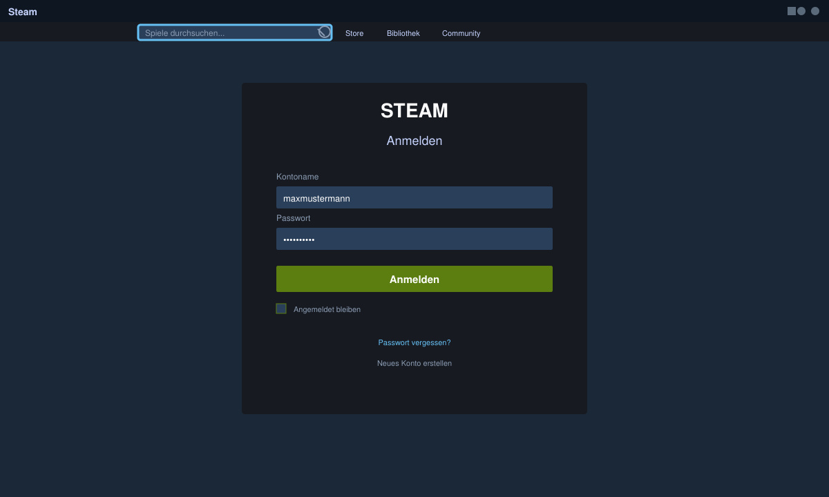 Steam-Anmeldebildschirm mit Hervorhebung der Suchleiste