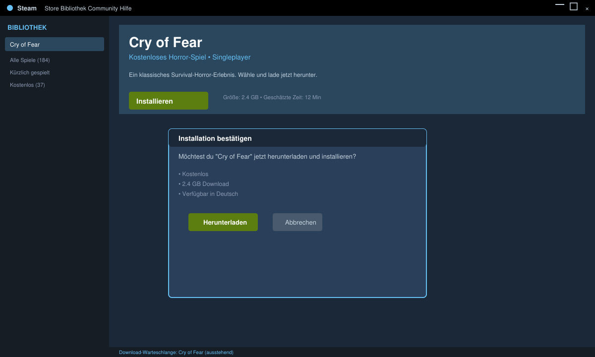 Installationsbestätigung eines kostenlosen Horror-Spiels in Steam
