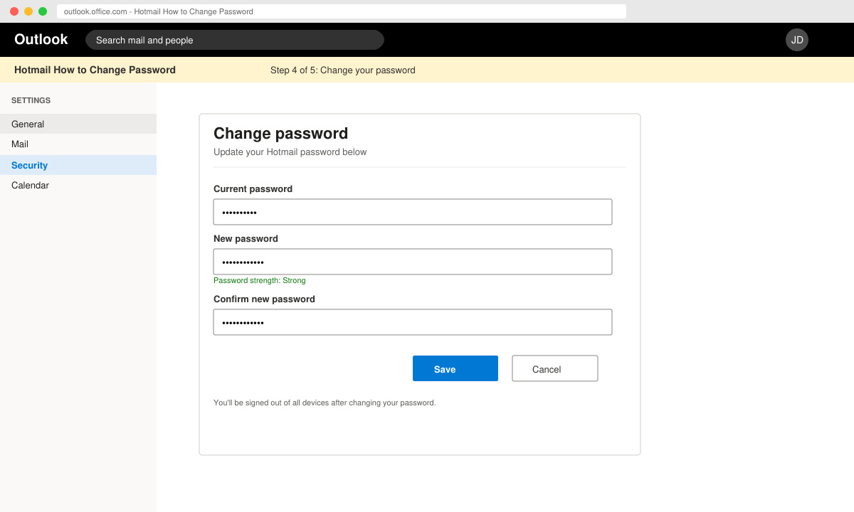 Entering new password on the Hotmail change password screen