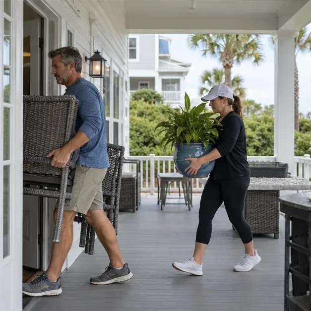 Two adults carry patio furniture and a potted plant indoors from a coastal home porch