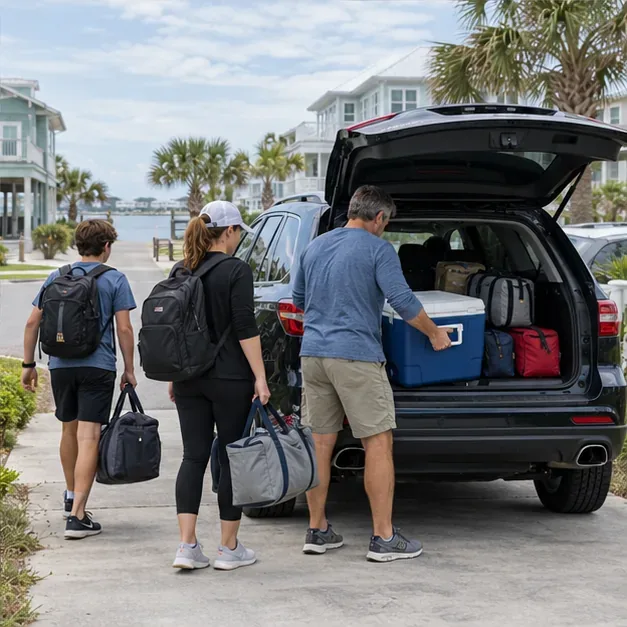 A family loads an emergency bag and supplies into a car before leaving a coastal neighborhood