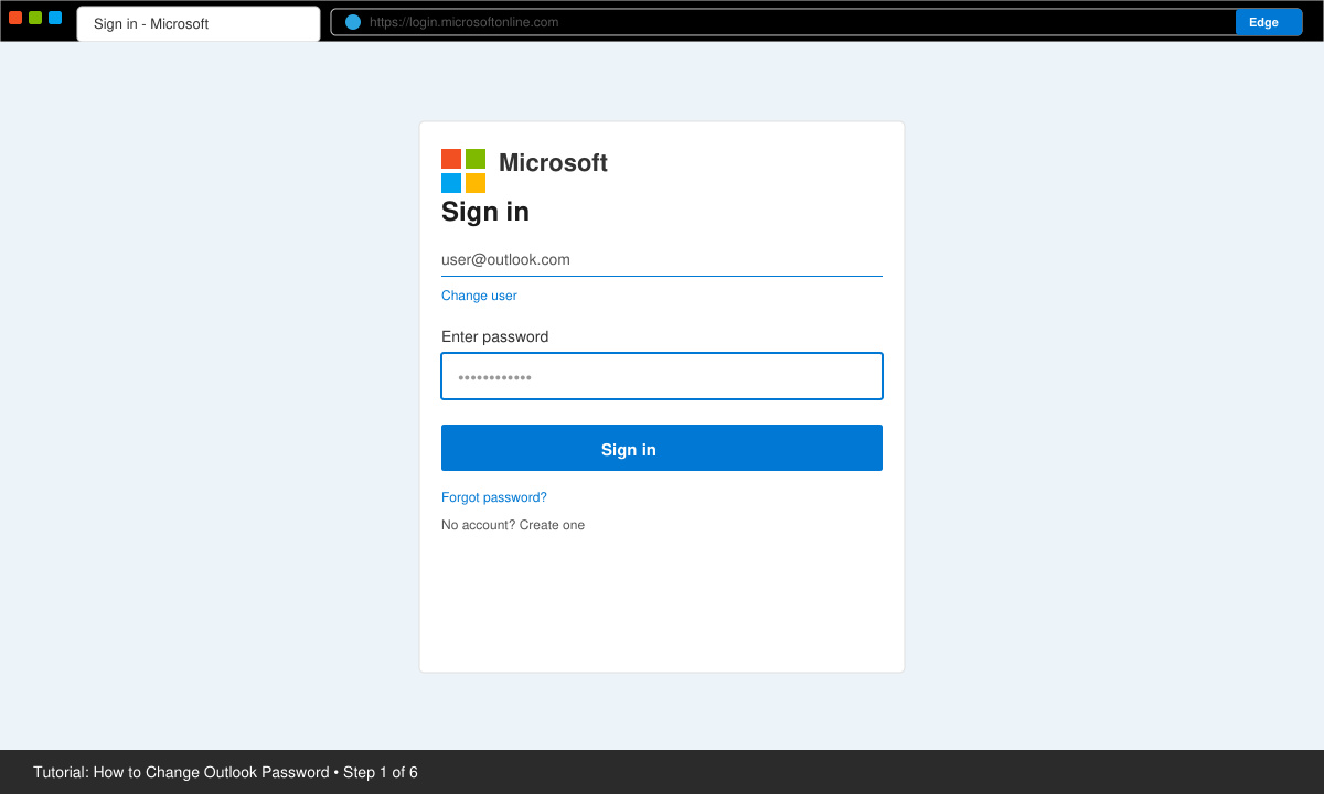 Browser window displaying the Microsoft sign-in page with the account email already filled in