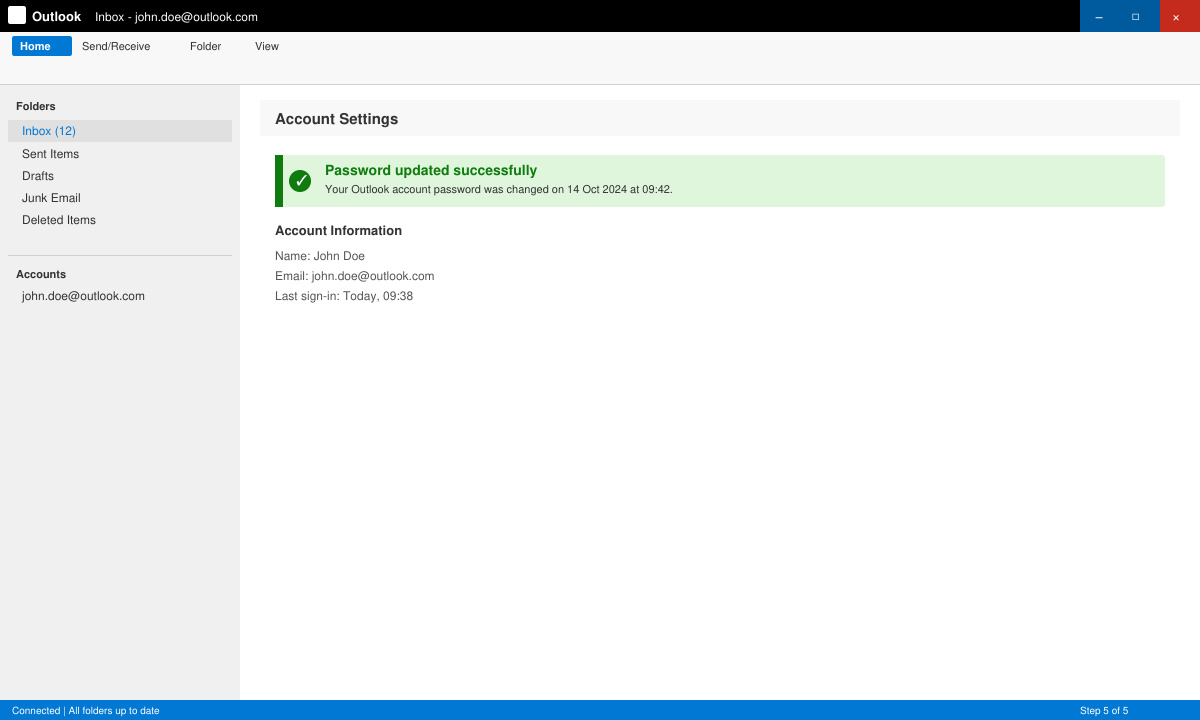 Outlook desktop app showing the account settings window after a successful password update