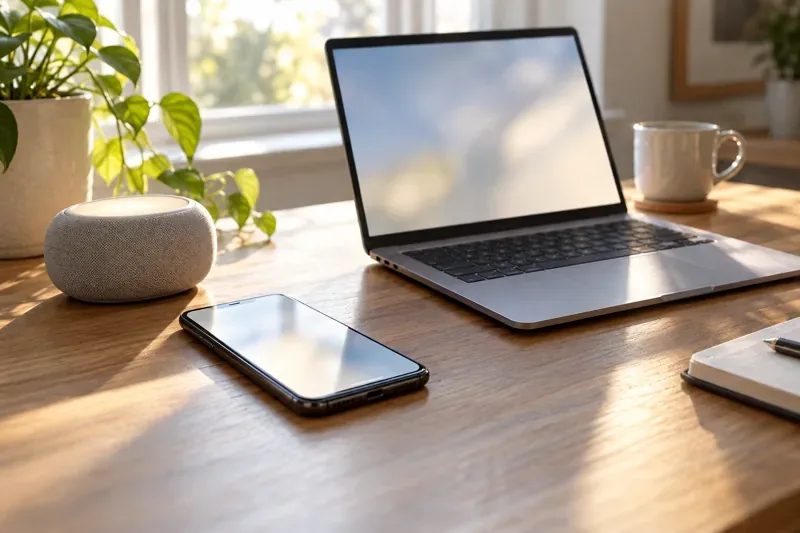 A smartphone, laptop, and small smart speaker sit together on a sunlit home desk.