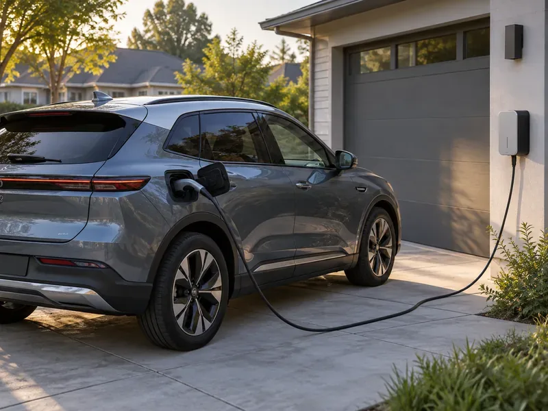 A gray electric crossover plugged into a wall-mounted home charger in a driveway