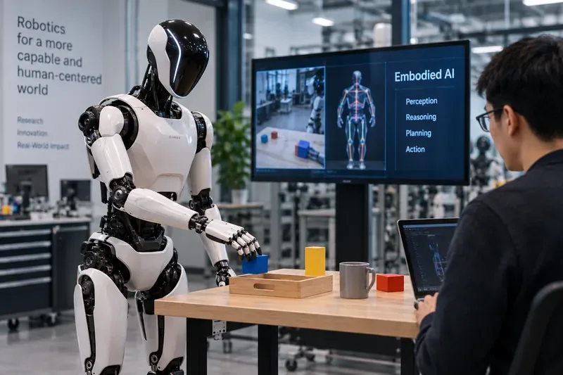 A humanoid robot in a robotics lab reaches toward colored blocks while an engineer monitors a display showing perception, reasoning, planning, and action stages.