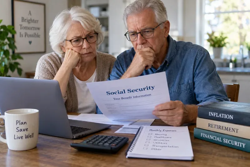 An older couple at a kitchen table reviewing a Social Security benefit statement, bills, a calculator, and a monthly expense list while planning their retirement budget.