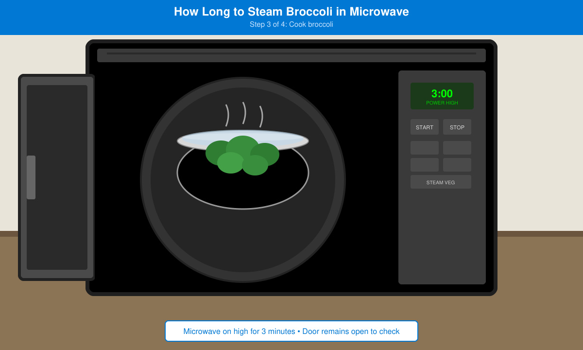 Microwave door open showing a covered bowl of broccoli inside after cooking