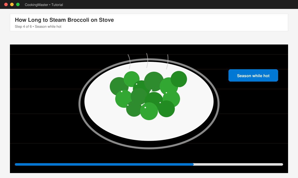 Bowl of bright green steamed broccoli florets seasoned with salt and pepper on a wooden table