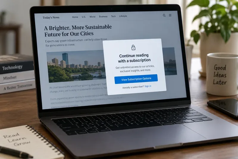 A laptop showing a generic news article with a subscription prompt that blocks the rest of the article