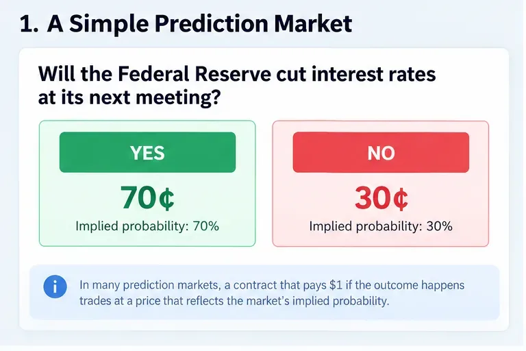 A simple prediction market showing a hypothetical Federal Reserve rate-cut question with Yes at 70 cents and No at 30 cents