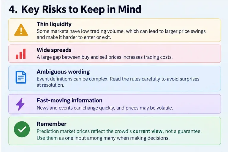 A prediction-market risk checklist covering thin liquidity, wide spreads, ambiguous wording, and fast-moving information
