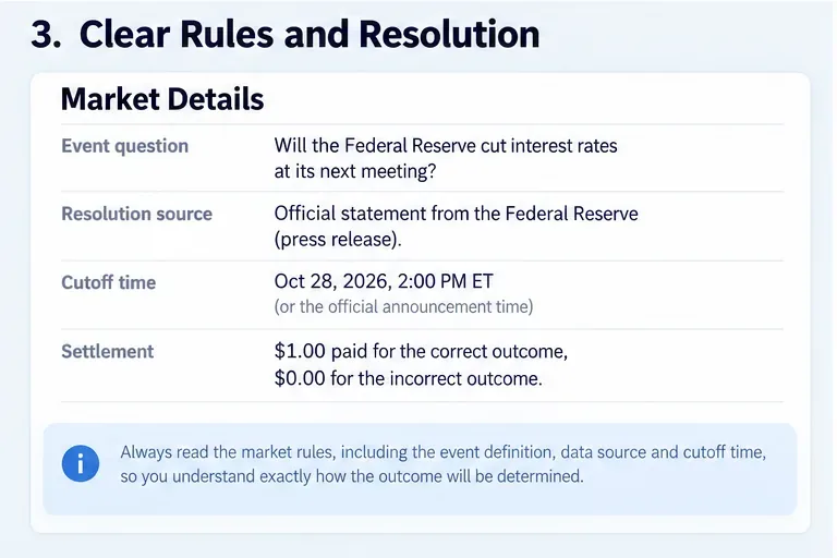 A sample market-rules panel showing the event question, official resolution source, cutoff time, and settlement terms