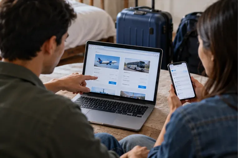 Two travelers comparing airplane and bus options on a laptop while checking a phone beside packed luggage