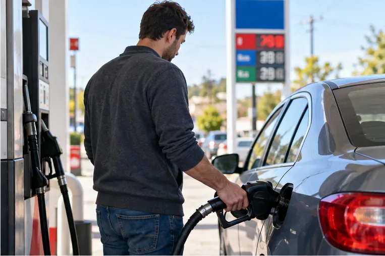 Driver refueling a gray car at a gas station with fuel pumps and a price sign in the background