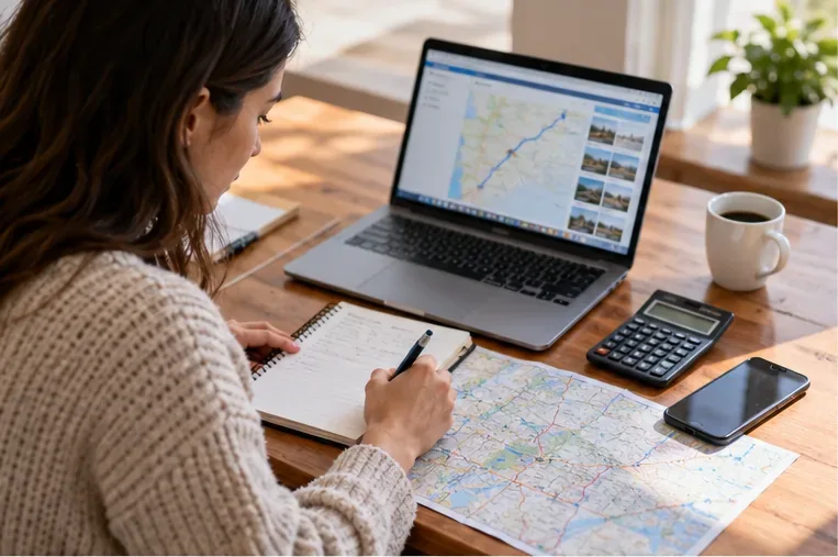 Traveler planning a road trip at a table with a laptop map, paper map, calculator, notebook, and phone