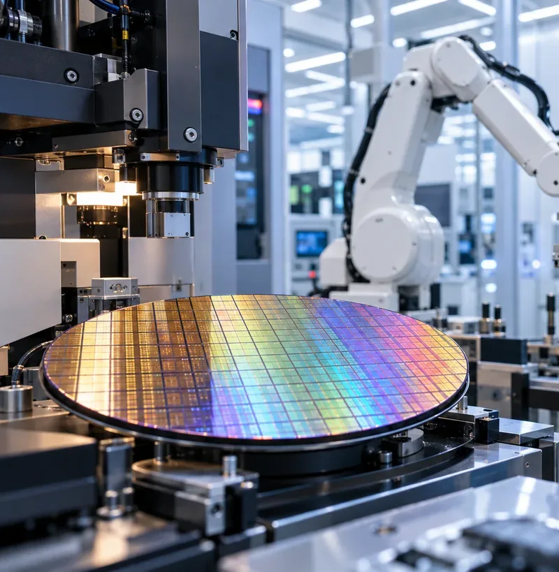 A reflective silicon wafer on precision semiconductor equipment beside an automated robotic arm in a clean manufacturing environment