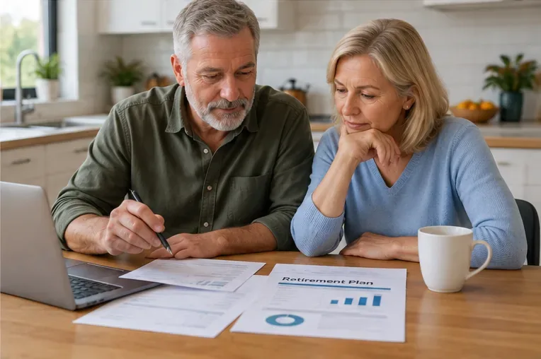 An older couple reviews a retirement plan and financial documents together at a kitchen table.