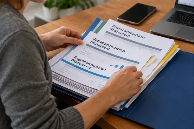 A person sorts several superannuation statements into a folder beside a laptop and phone.