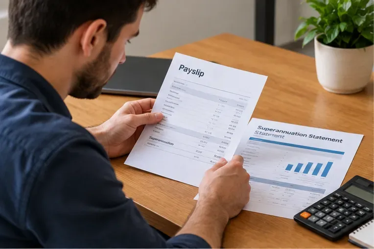 A worker compares a payslip with a superannuation statement on a desk beside a calculator.
