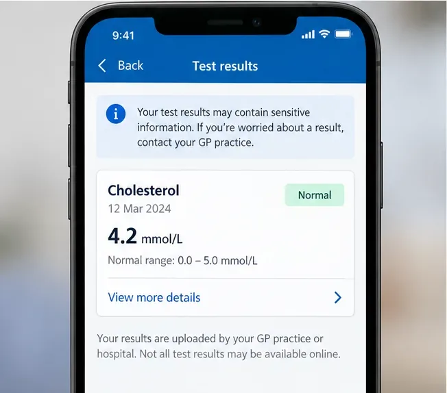 Phone screen showing an example cholesterol test result with a value, reference range, and a link to more details