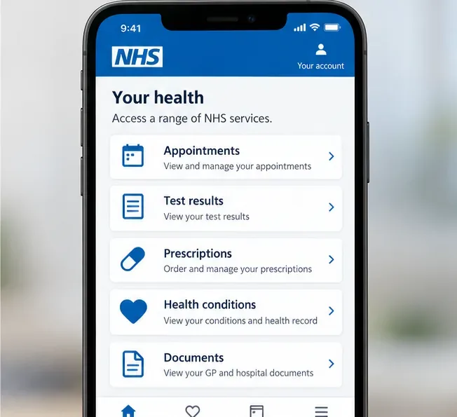 Phone screen showing a health-services menu with appointments, test results, prescriptions, health conditions, and documents