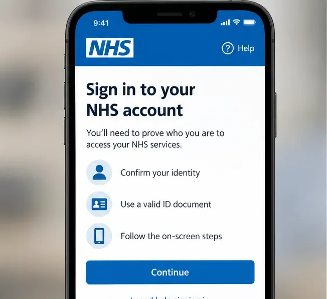 Phone screen showing NHS account sign-in and identity verification options before access to personal health services