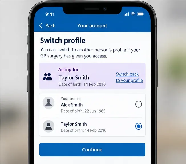 Phone screen showing a profile switcher for acting on behalf of another person through family and carer access