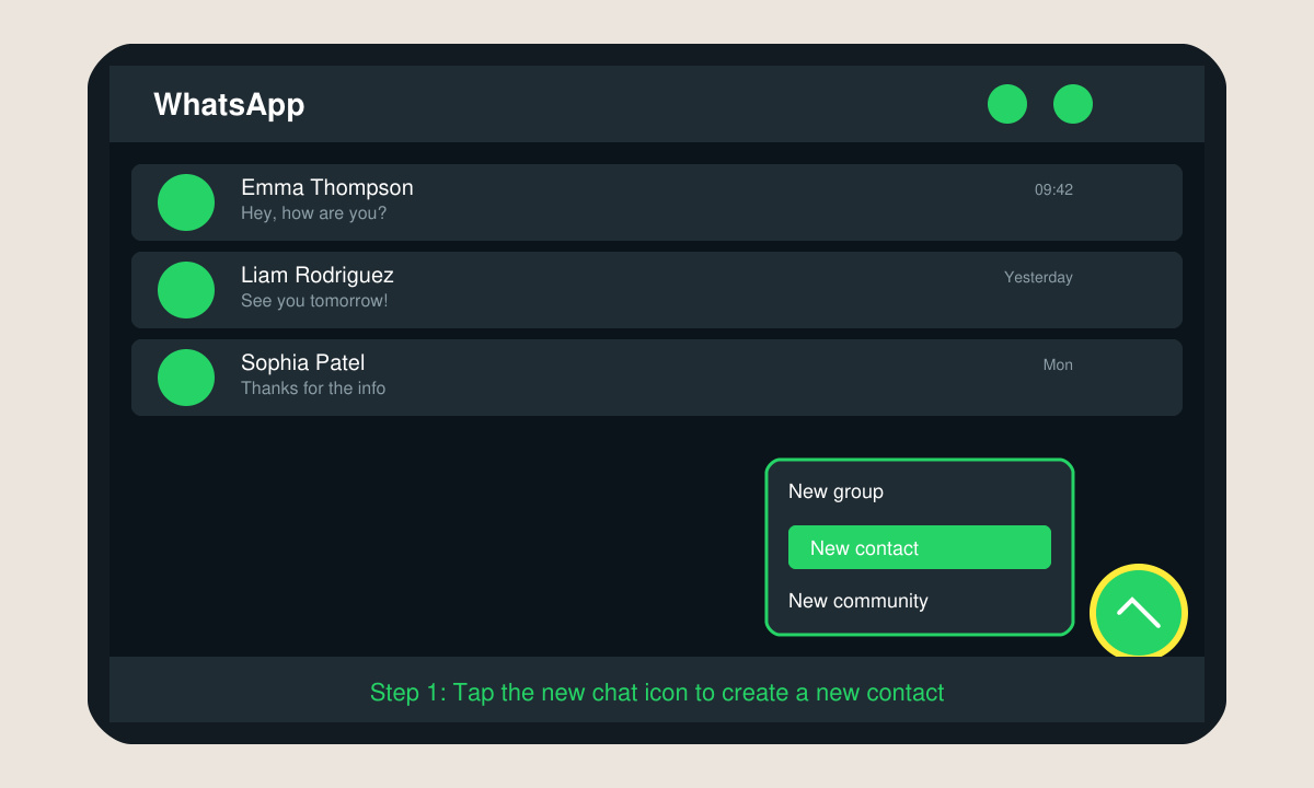 WhatsApp Chats screen with new chat icon highlighted to start adding a person