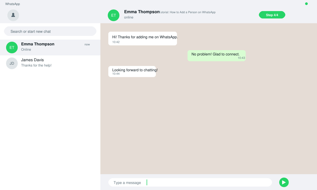 WhatsApp chat screen showing the newly added person ready for messaging