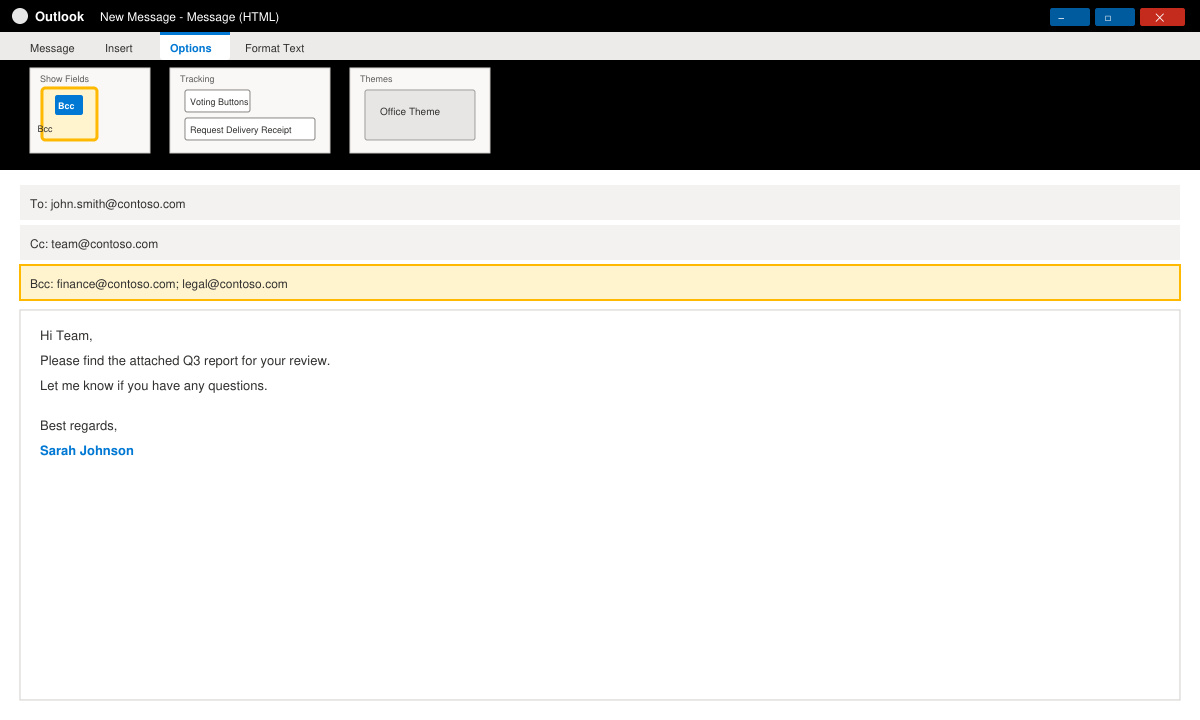 Close-up of the Options tab in the Outlook message window highlighting the Bcc button in the Show Fields group