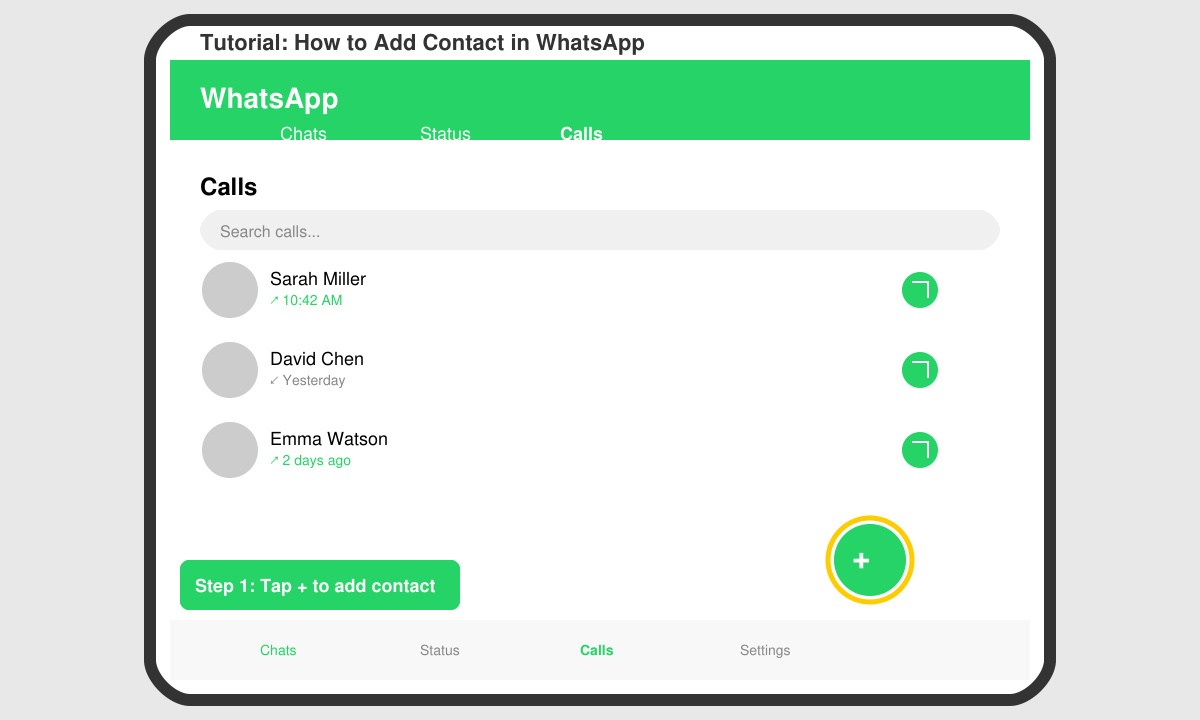 WhatsApp Calls tab open with the plus icon visible for adding a contact