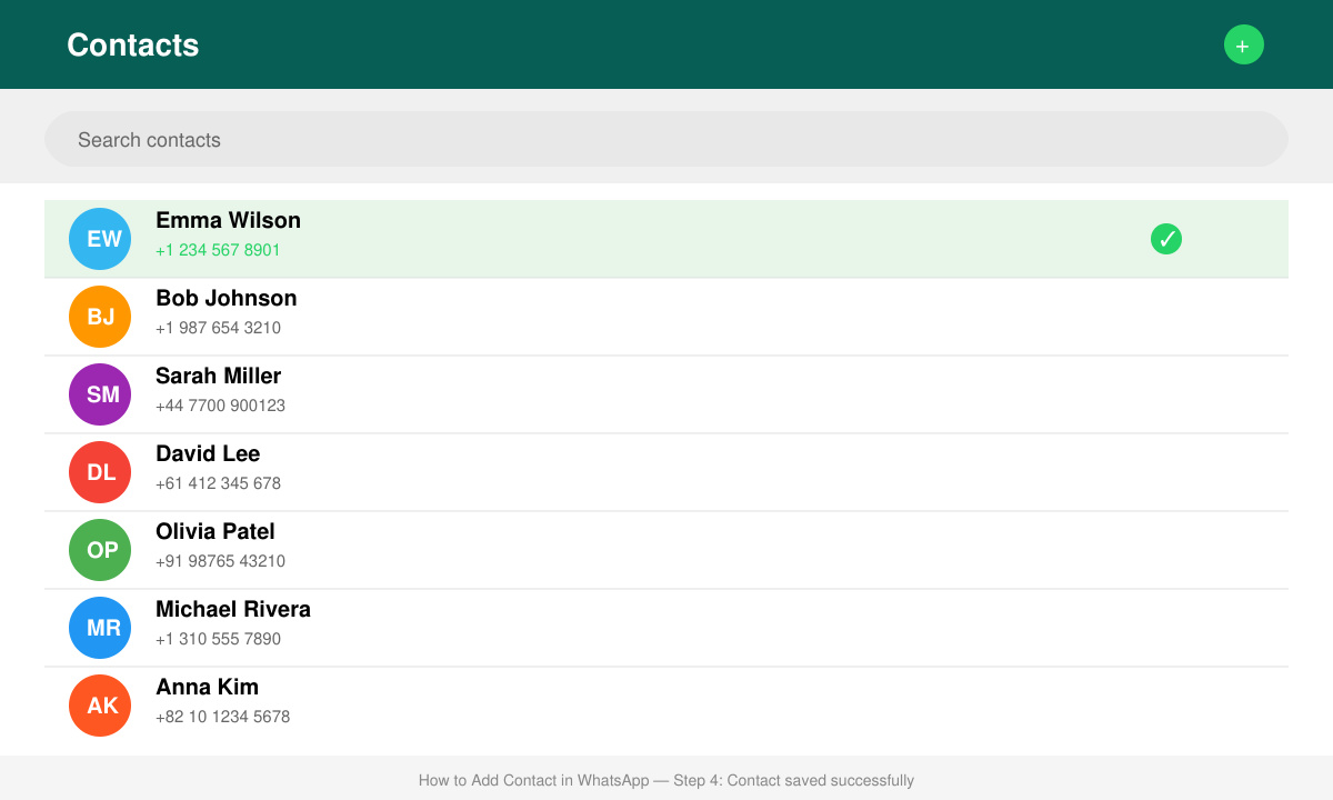 WhatsApp contact list after saving a new number with the saved contact highlighted
