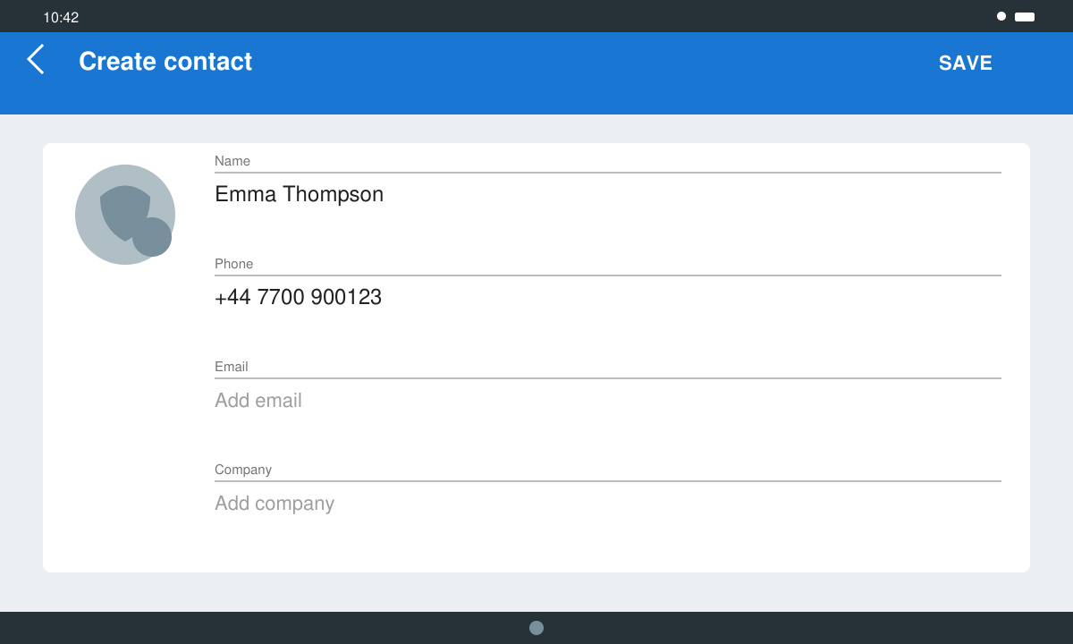 Android Contacts app screen with the add contact form filled out