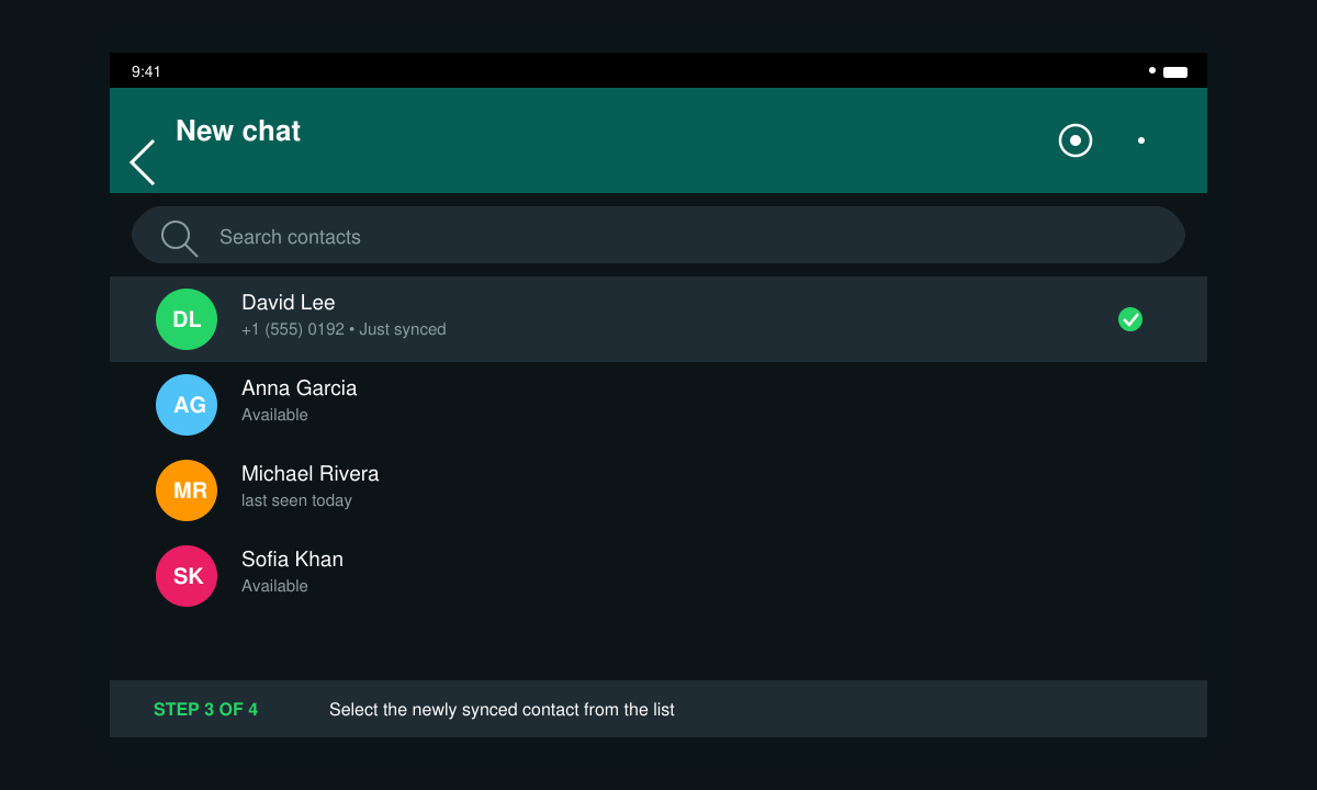 WhatsApp new chat screen displaying the synced contact ready to message