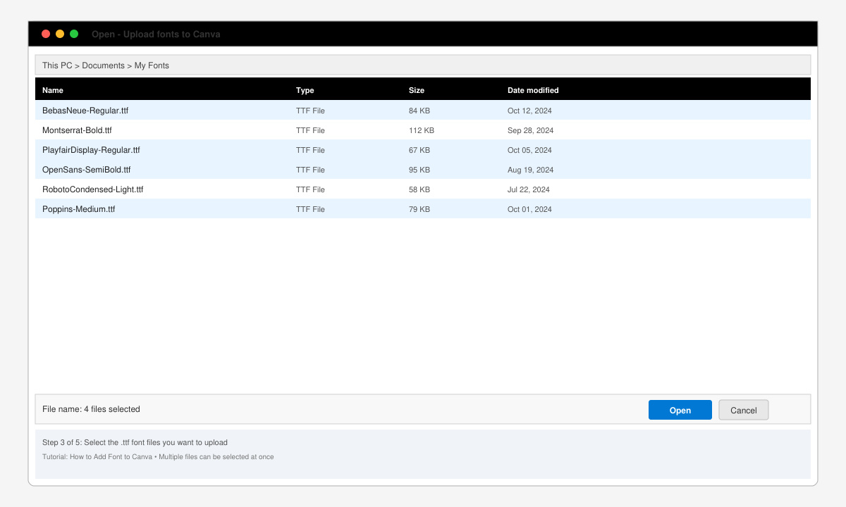 File upload window showing selected font files being added to Canva