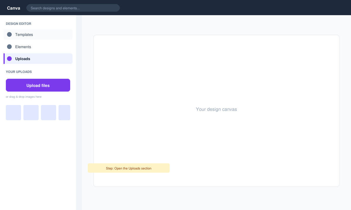 Close-up of the Canva sidebar showing the Uploads button and the large Upload files button