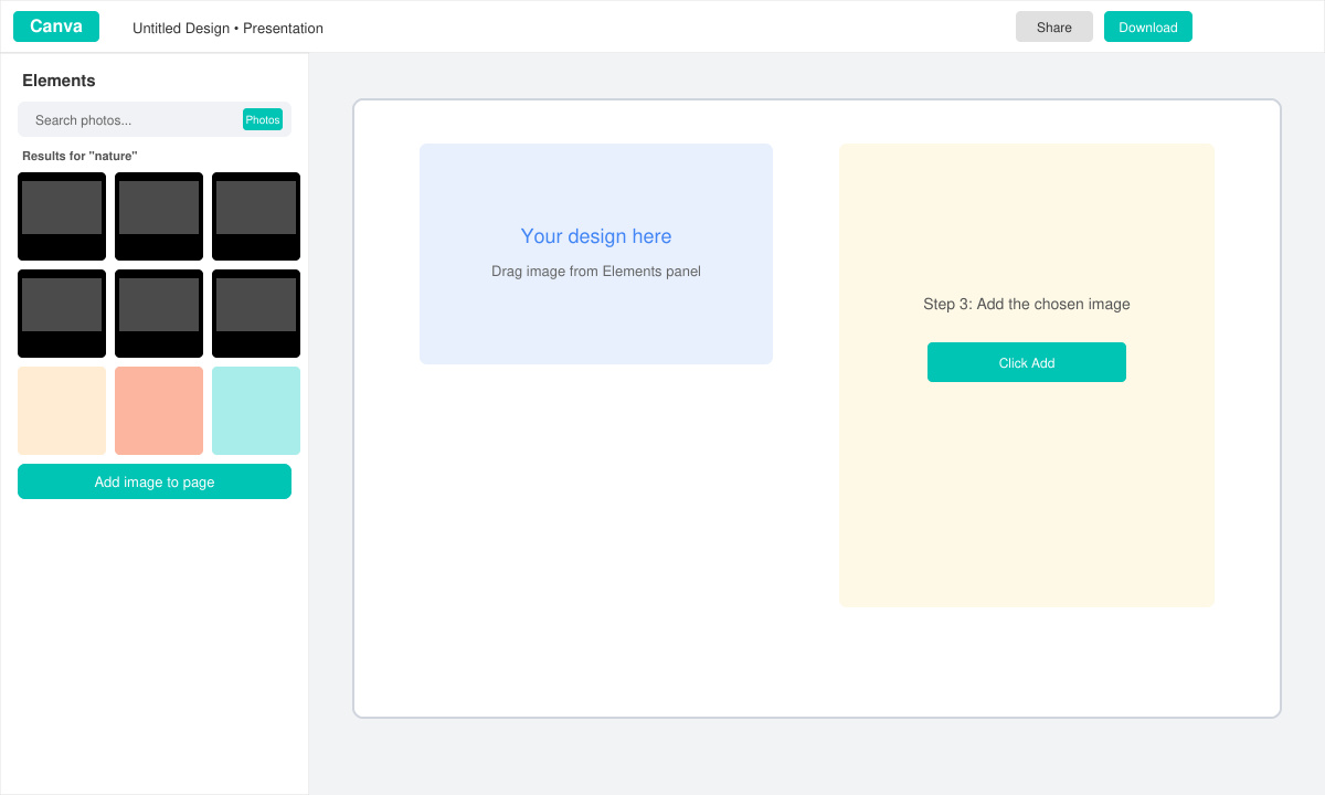 Canva editor showing search results in the Elements panel filtered to Photos with several images visible