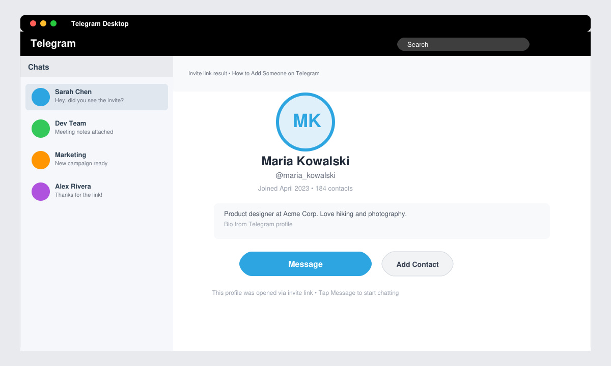 Telegram profile screen after clicking an invite link with add and message options