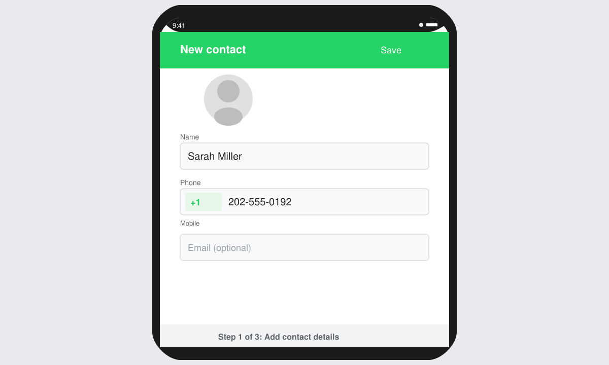 Phone contacts screen showing the form to add a new number with country code field visible